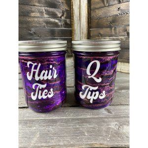 Bathroom Storage Organization Labeled Jars Resin Purple Marbled Hair Ties Q-Tips